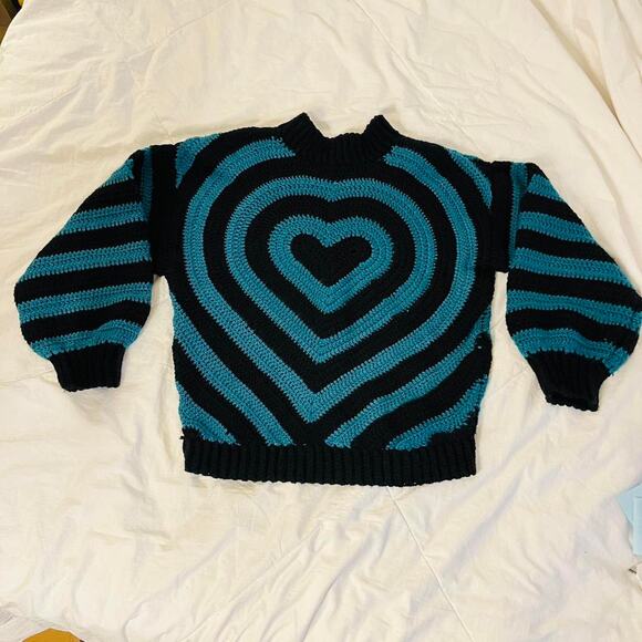 Handmade Crochet Heart Sweater Black Teal Balloon Sleeve Chunky Knit Turtleneck - Picture 4 of 7